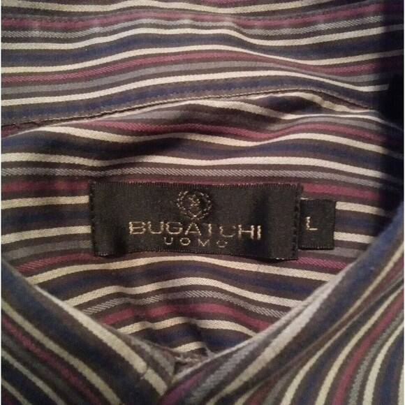 BUGATCHI MEN'S SHIRT L BUTTON DOWN STRIPE 100% COTTON POCKET LONG SLEEVE - Picture 2 of 4